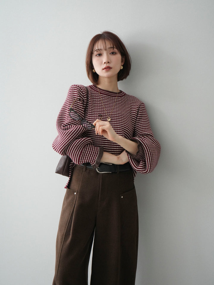 [予約]ラメ異素材ボーダーリブニットプルオーバー/bordeaux×brown