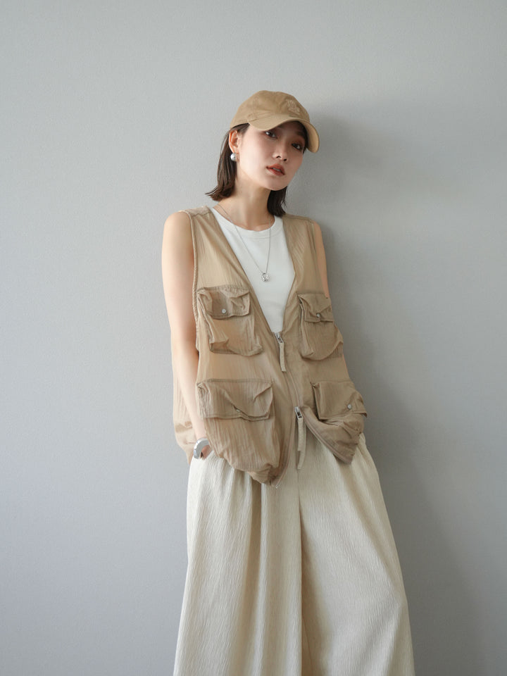 [預購] 尼龍大口袋透視背心/米色