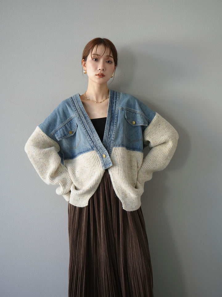 [予約]デニム切替ネップニットカーディガン/アイボリー