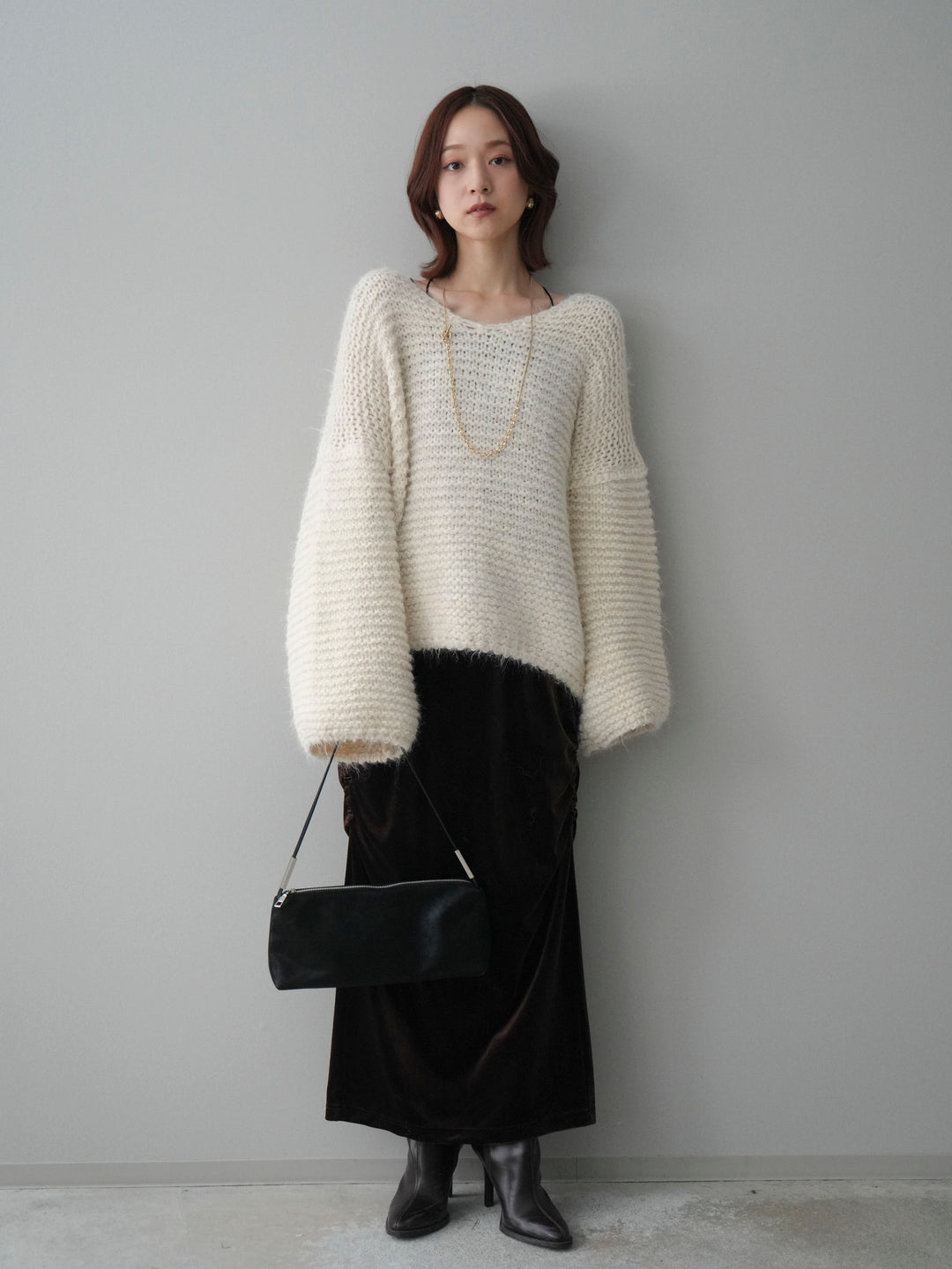 [SET]ワッフル編みシャギーニットプルオーバー+ギャザーベロアスカート(2set)