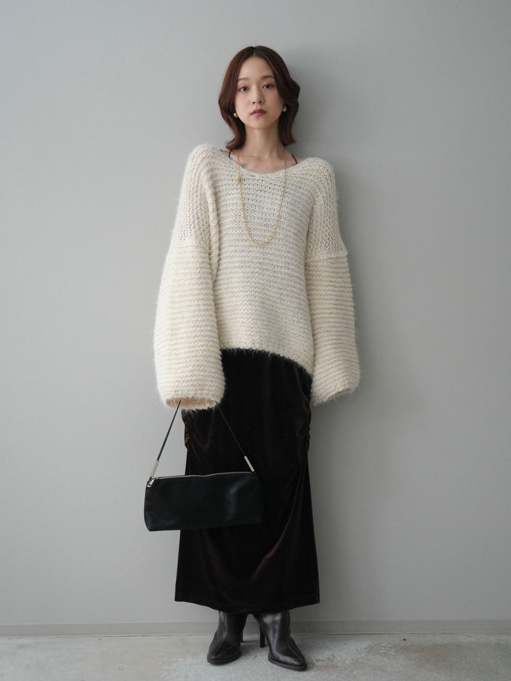 [SET]ワッフル編みシャギーニットプルオーバー+ギャザーベロアスカート(2set)