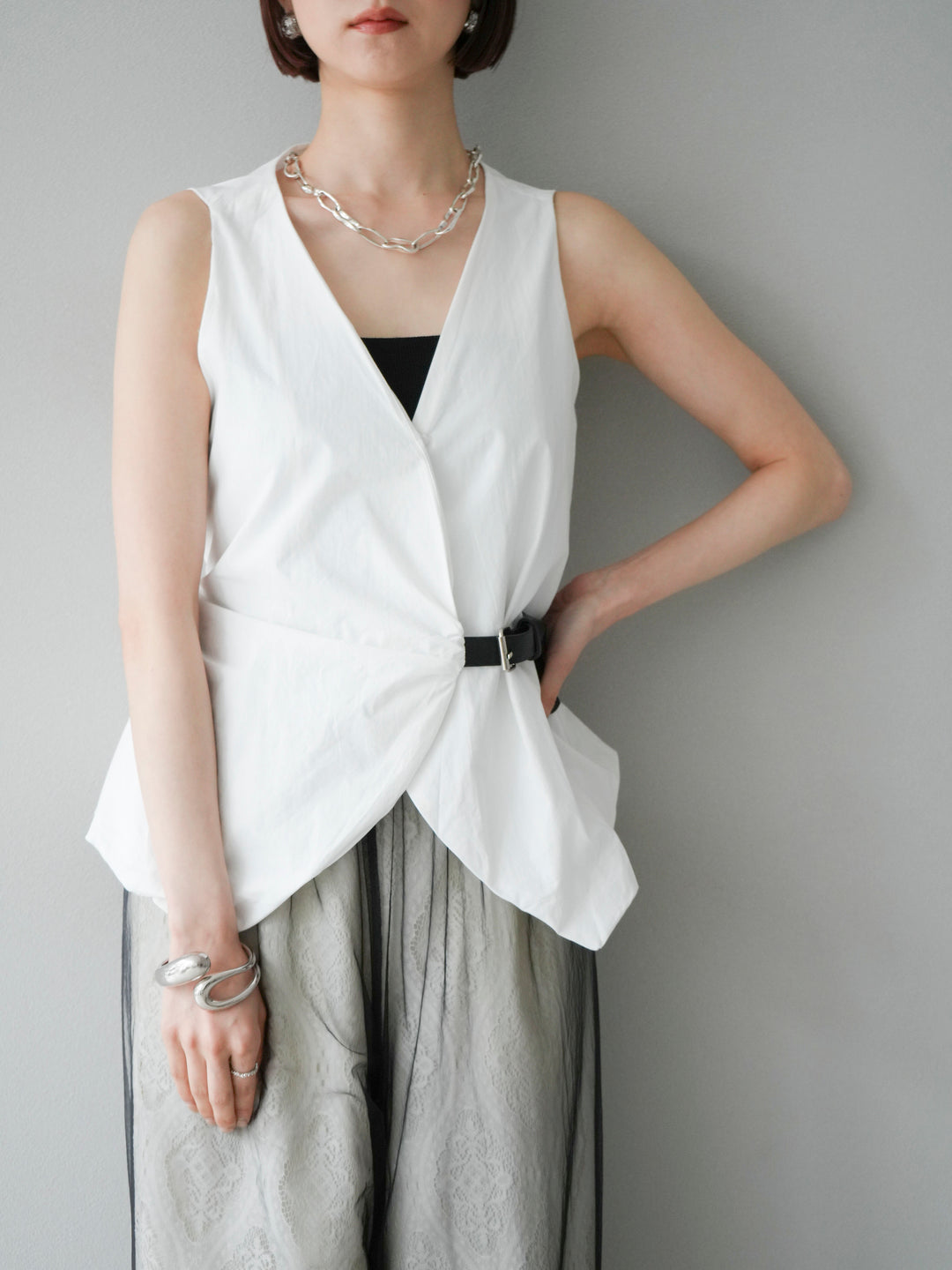 [予約]ベルトデザインバルーンブラウス/ホワイト
