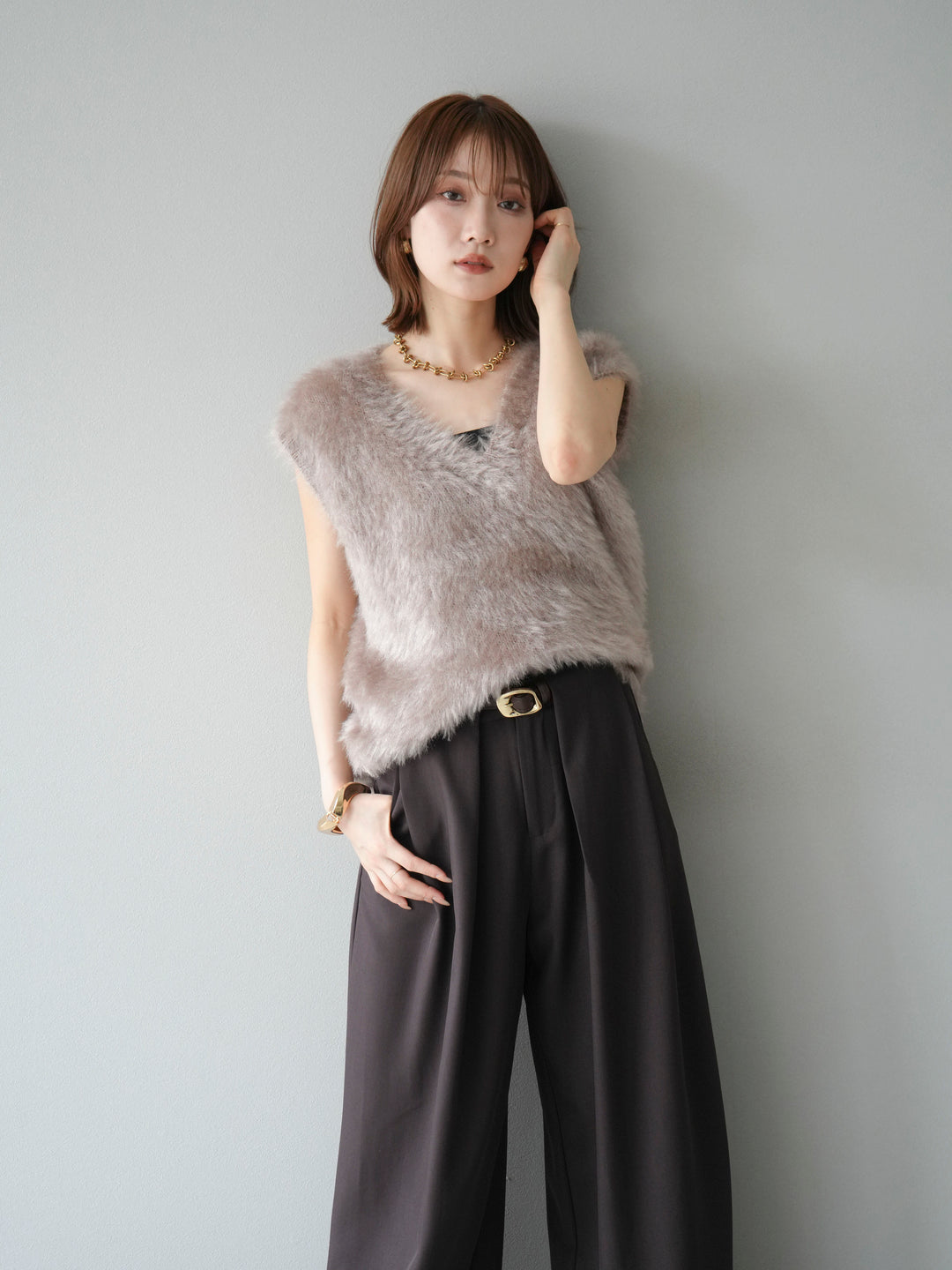 [SET]ラメシャギーVネックニットベスト+ベルトループデザインワイドパンツ(2set)