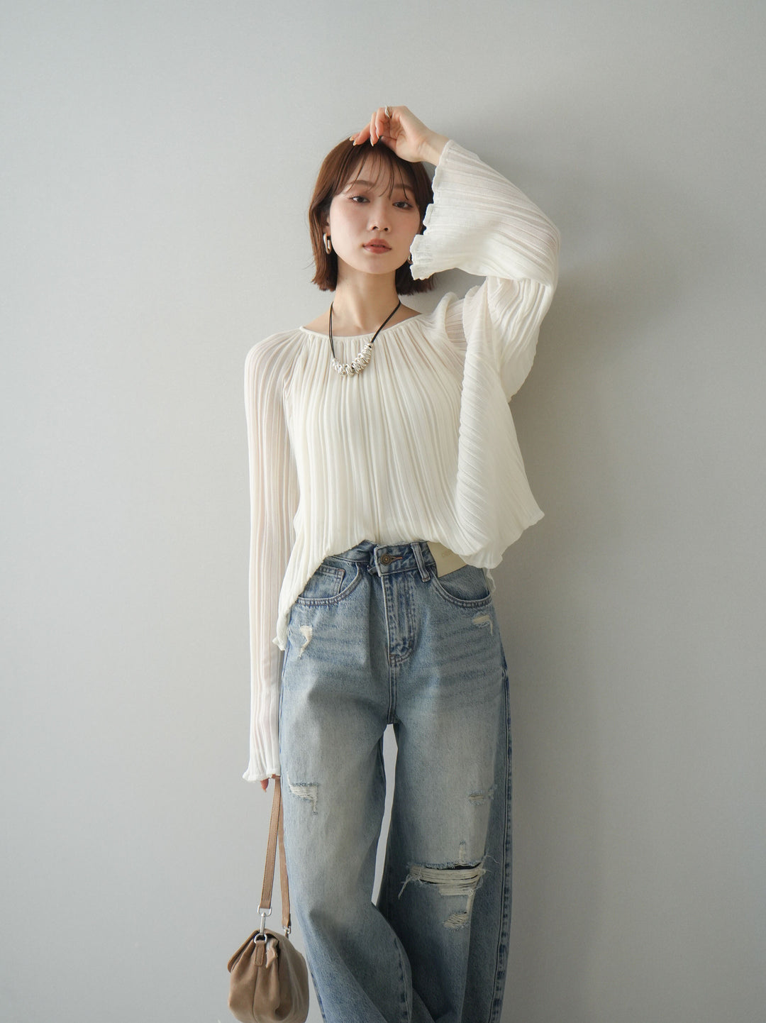 [SET]プリーツシアーフレアスリーブニットトップス+プリーツシアーフレアスリーブニットトップス(2set)