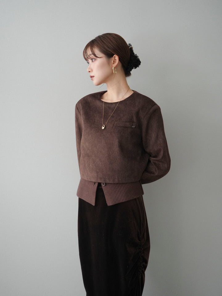 [予約]リブニットレイヤードスエードプルオーバー/brown