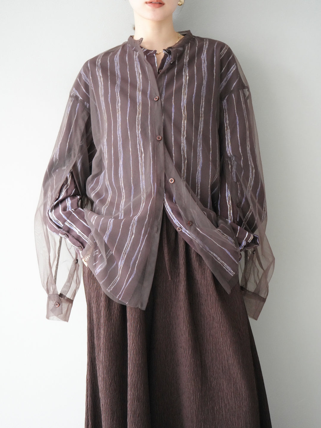 [予約]2WAYスリーブチュールシャツ/ブラウン