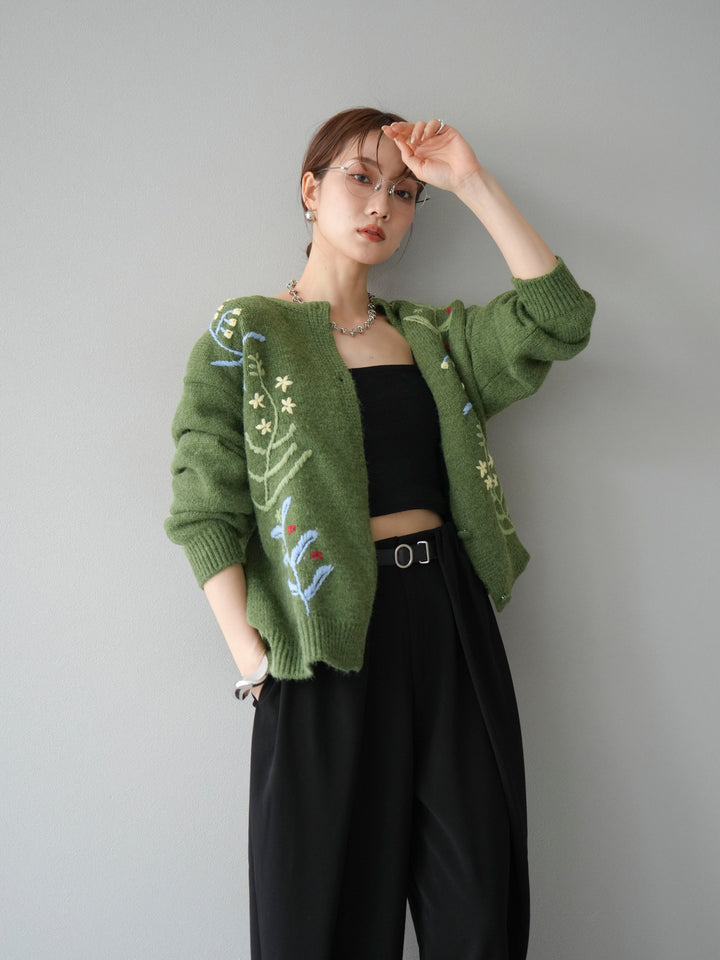 [SET]フラワー刺繍ニットカーディガン+ベルト付タックワイドパンツ(2set)