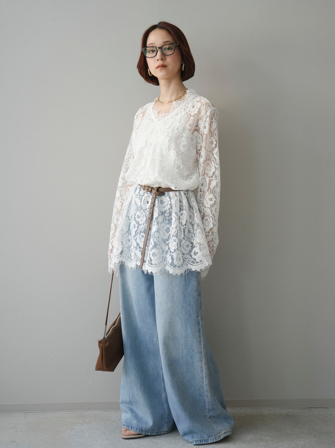 [予約]サイドビジューワイドデニムパンツ/lightblue