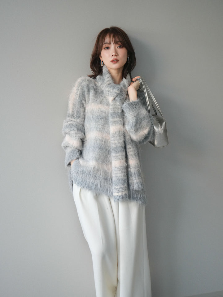 [予約]ストール付シャギーマルチボーダーニットプルオーバー/gray