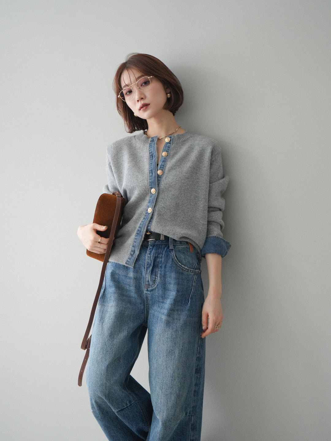 [予約]クルーネックデニムドッキングニットカーディガン/gray