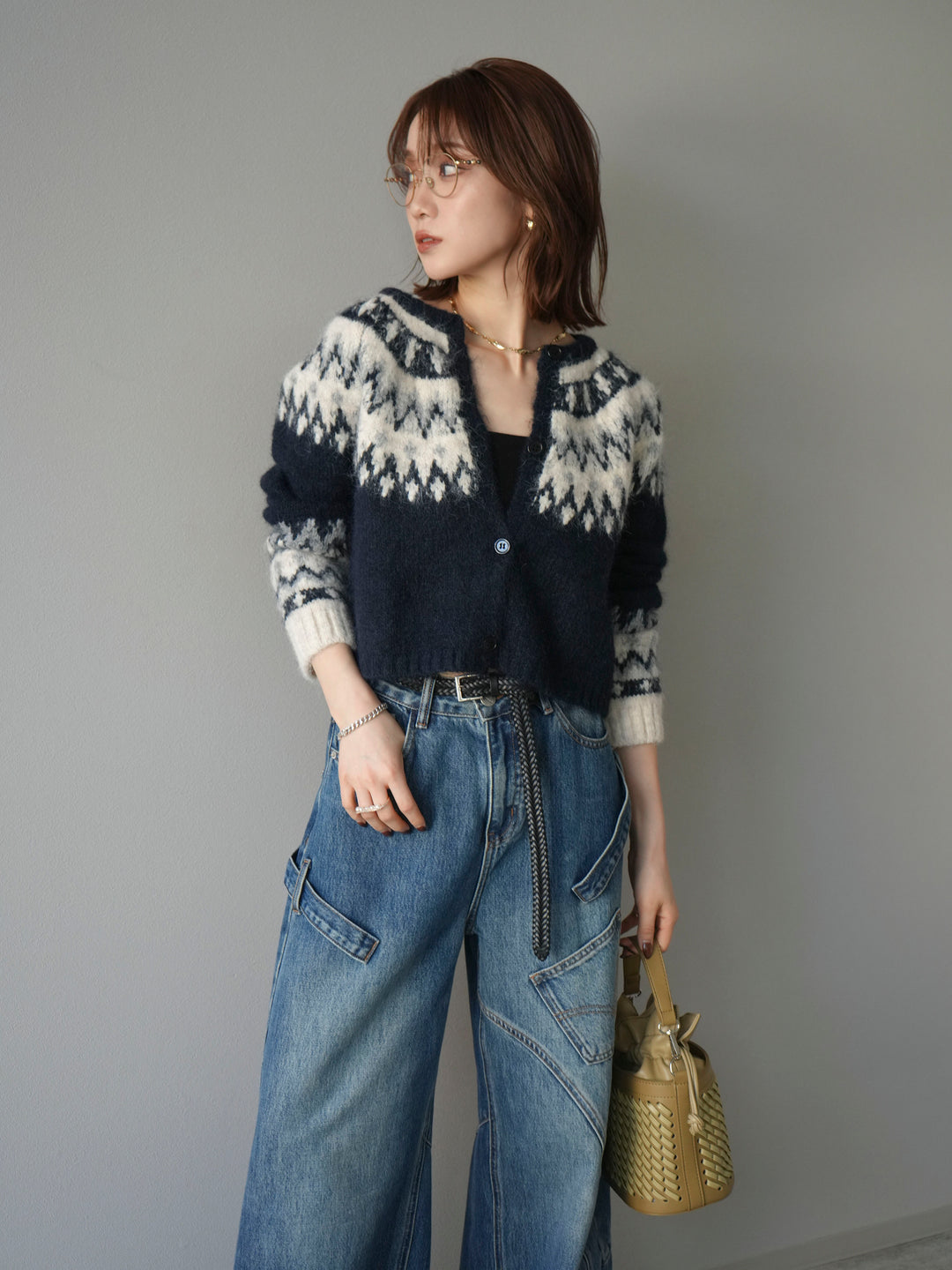 【着回しセット】[SET]求心柄クロップドニットカーディガン+ミックスヤーンペイズリー柄ニットカーディガン+ペインターカーブデニムパンツ(3set)