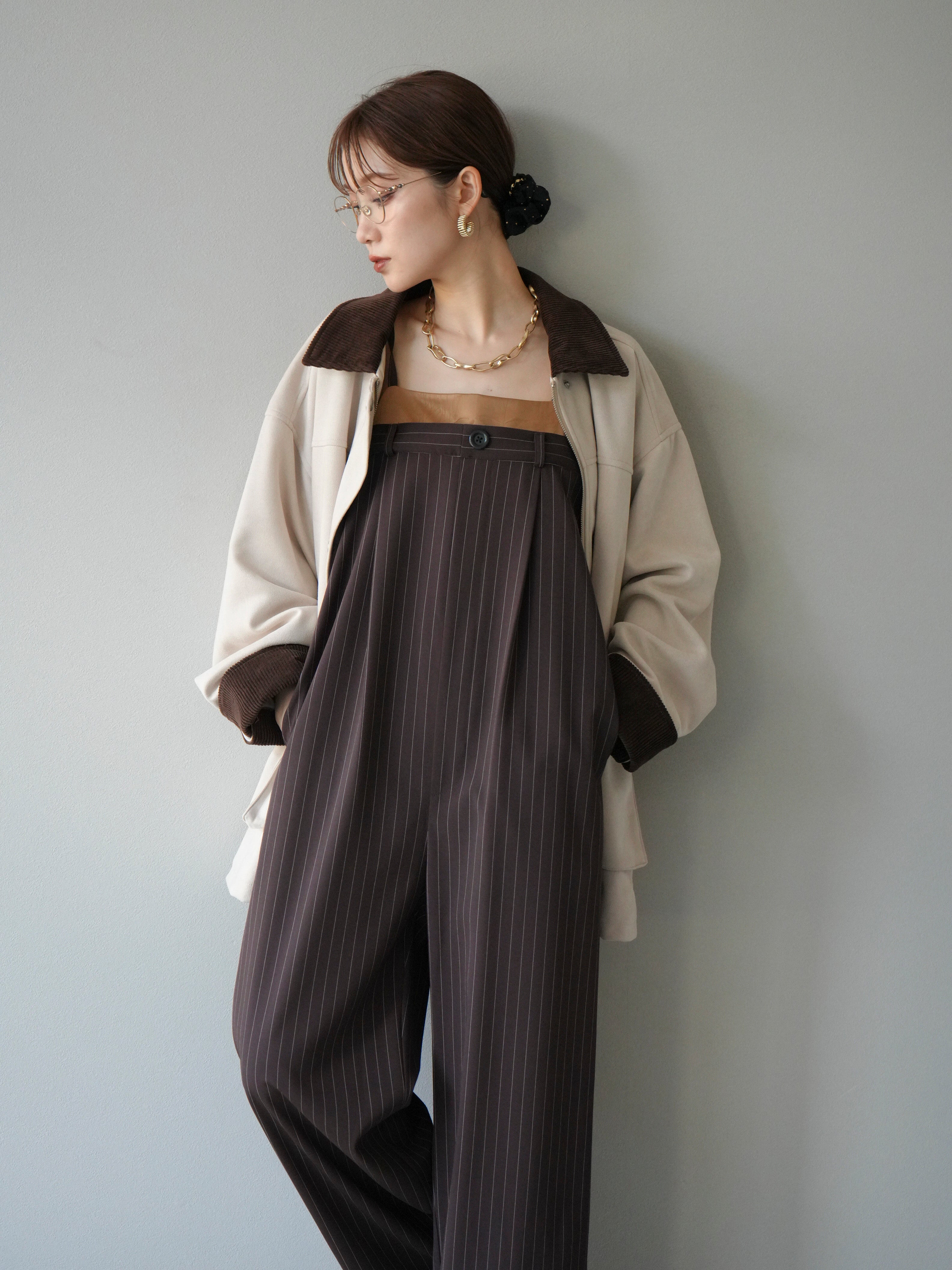 vivadaraプロフ必読　ブラウンS 予約]サテン切替ピンストライプサロペット/ブラウン – Lumier