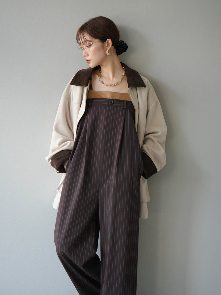 [予約]サテン切替ピンストライプサロペット/ブラウン