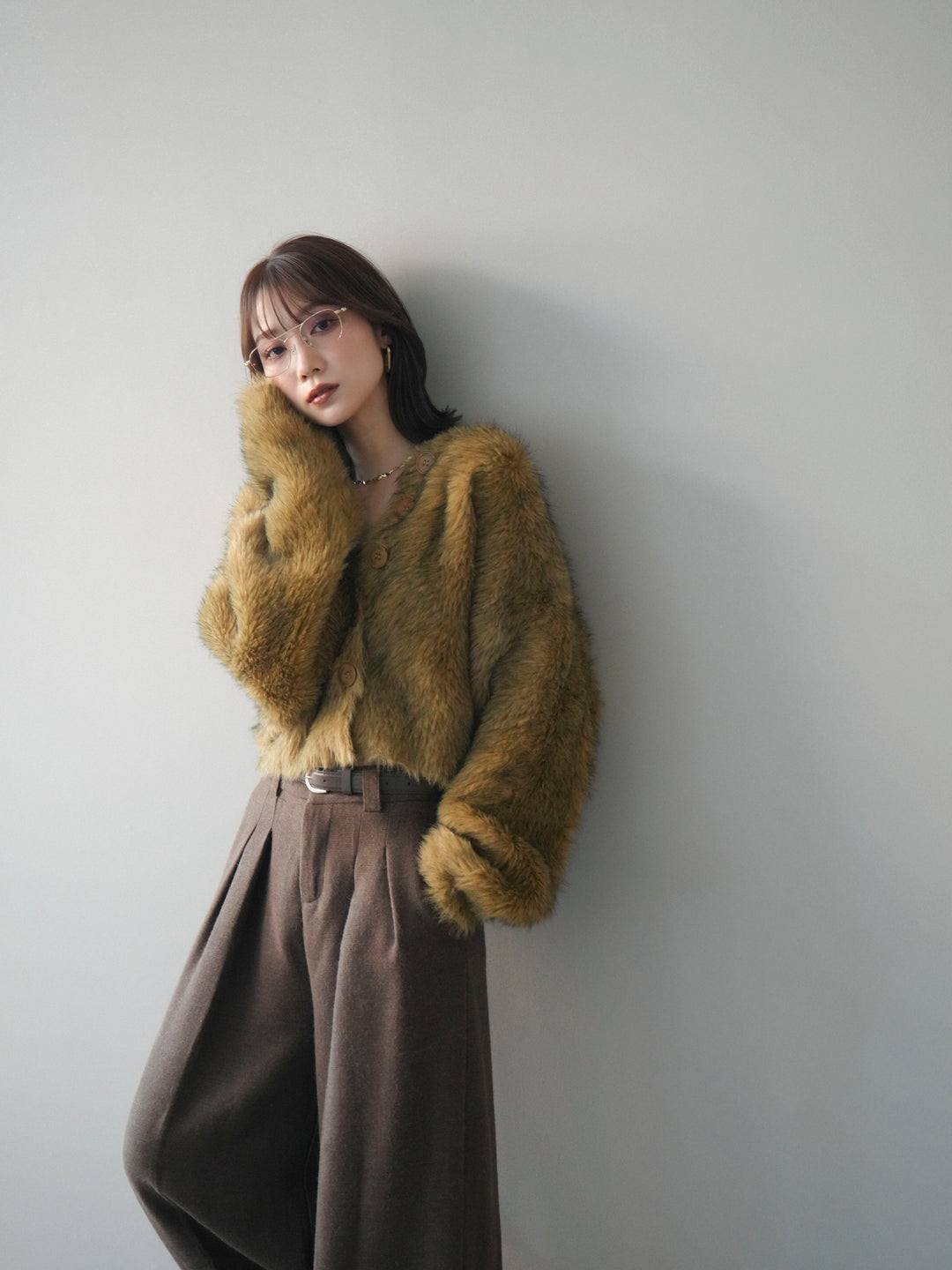 [予約]ミックスシャギーショートニットカーディガン/green