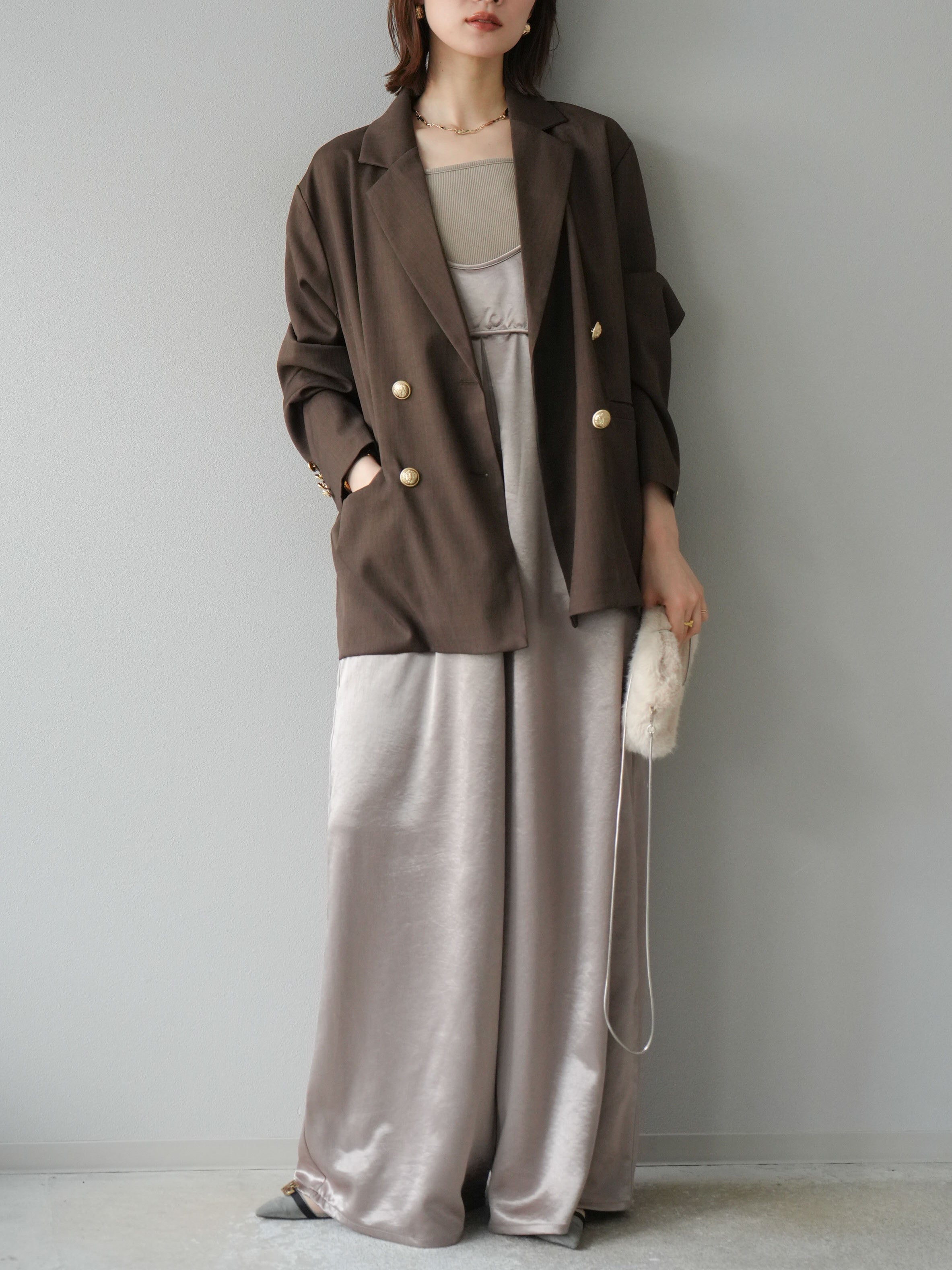 予約]ゴールドボタンツイルダブルテーラードジャケット/ブラウン – Lumier