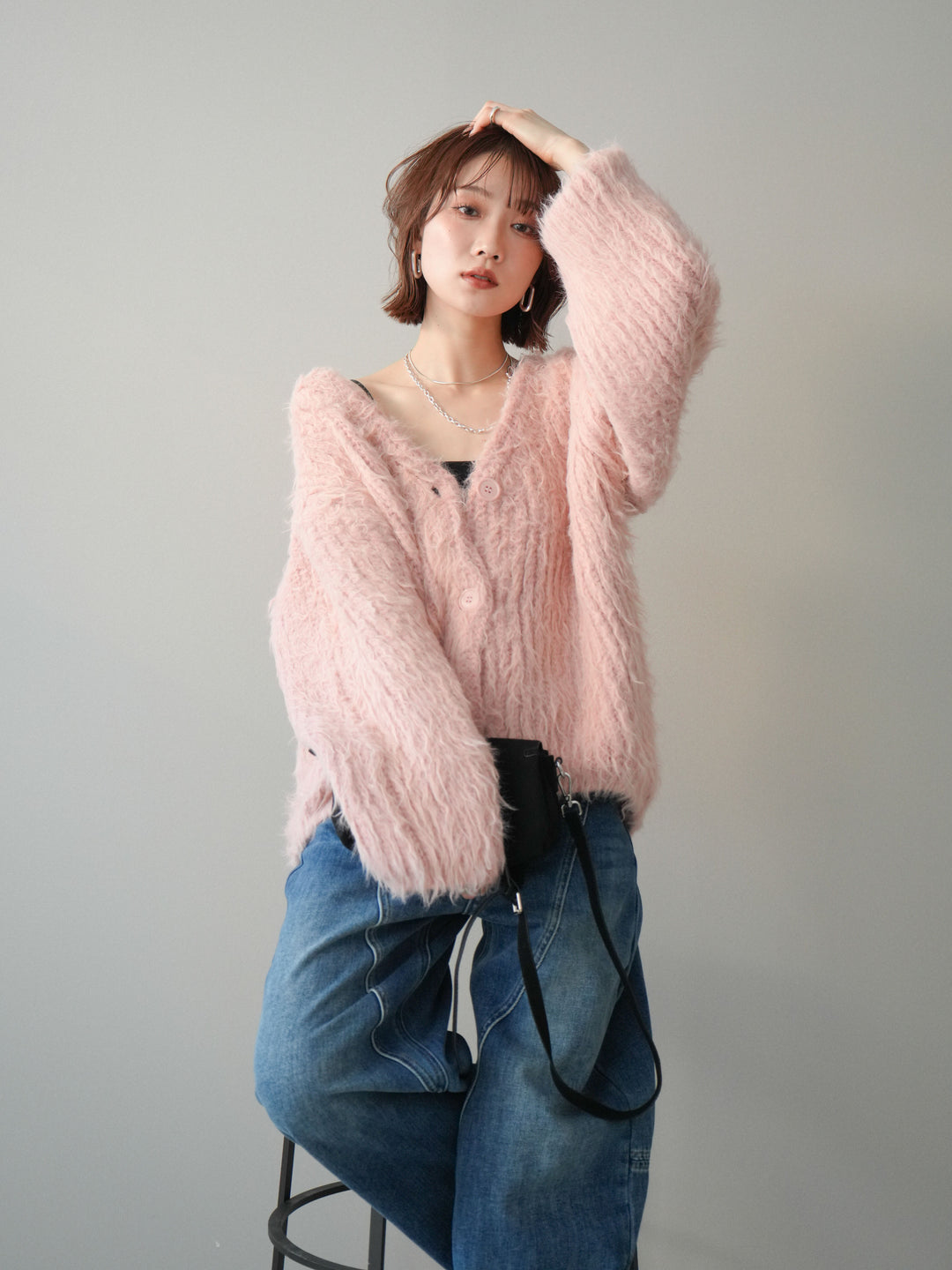 [予約]シャギーオーバーニットカーディガン/pink