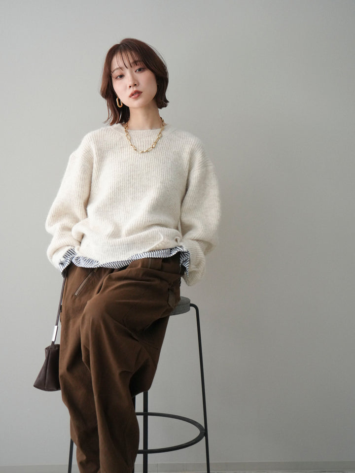 [SET]裾シャツレイヤードダメージニットプルオーバー+ストーンフォークリング(2set)