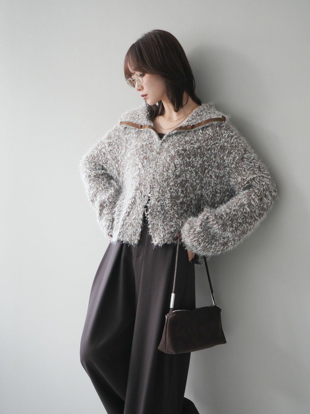 [予約]ミックスシャギージップニットカーディガン/brown