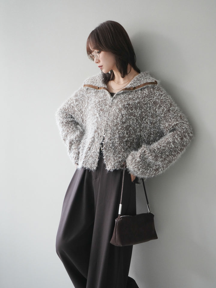 [予約]ミックスシャギージップニットカーディガン/brown