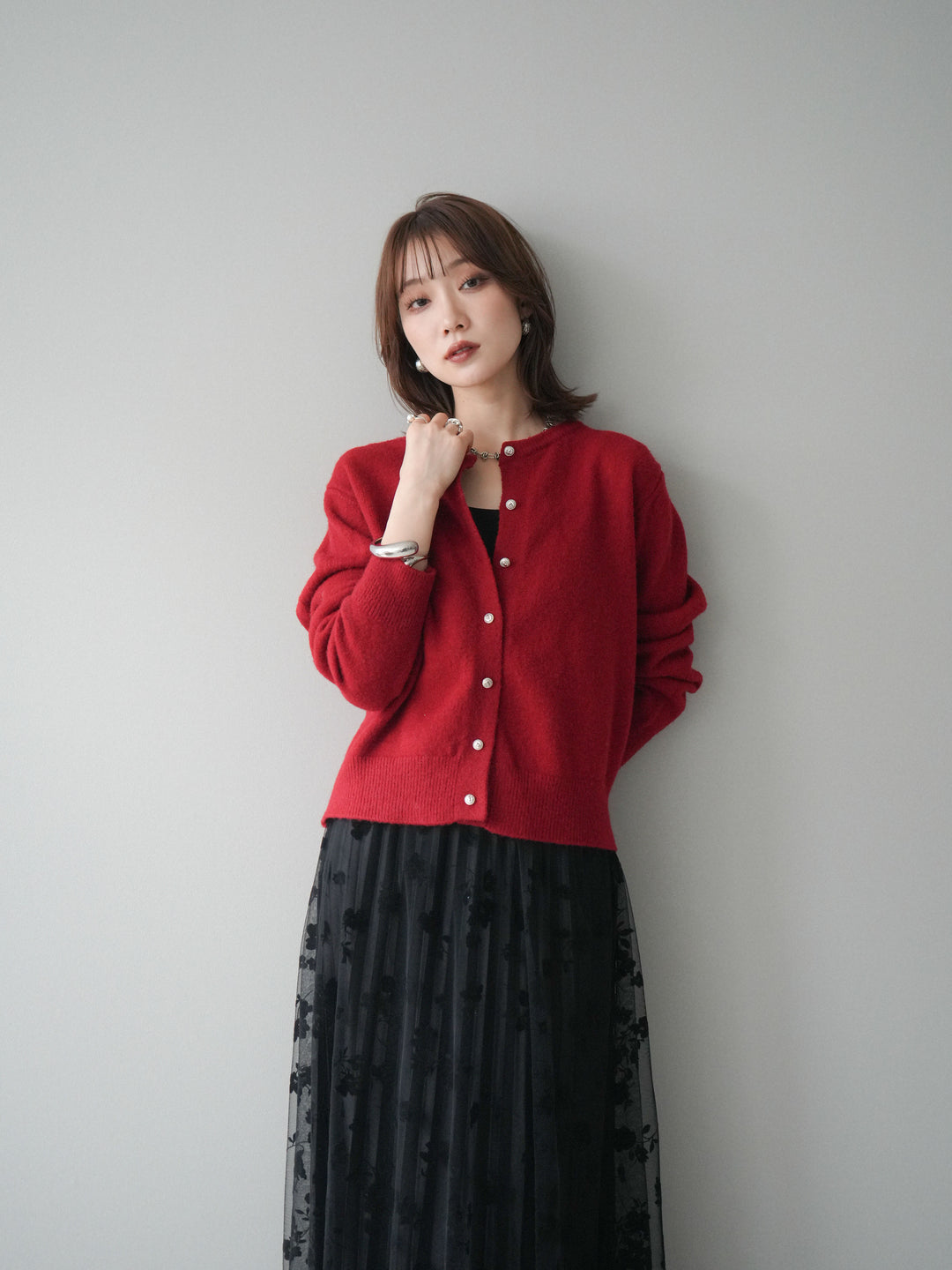 [予約]アンティークボタンニットカーディガン/red