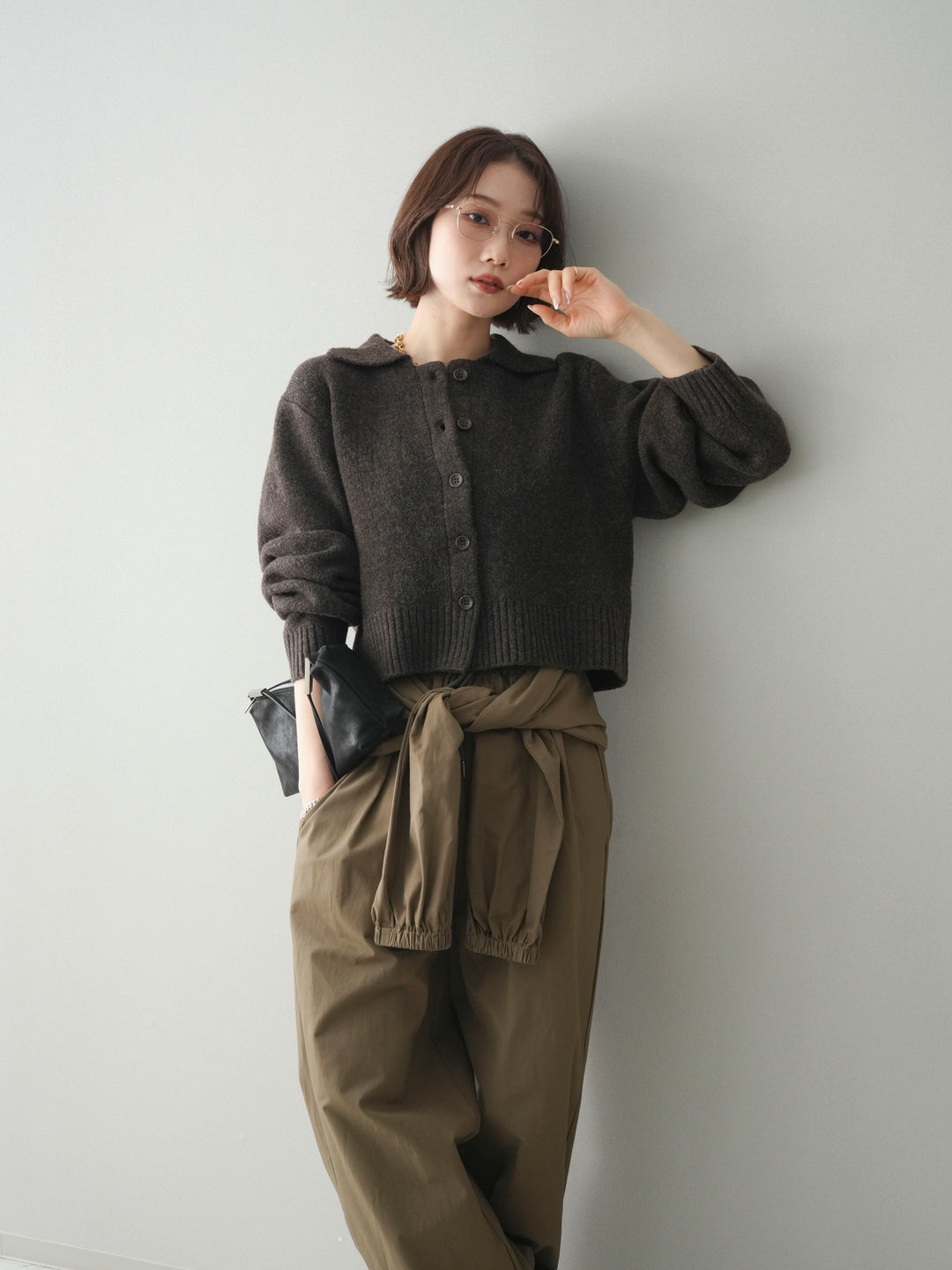 [予約]メランジニット襟付きクロップドカーディガン/brown