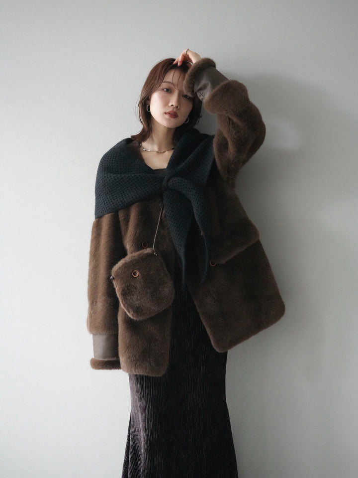 [予約]バッグ付エコファーノーカラーコート/brown