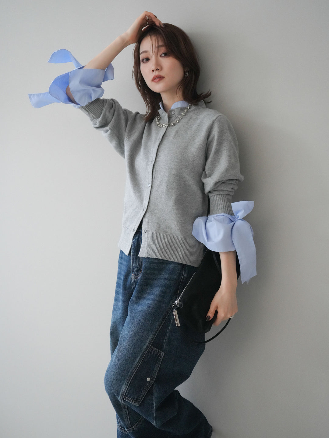 [予約]ウールライクリボンシャツカーディガン/gray