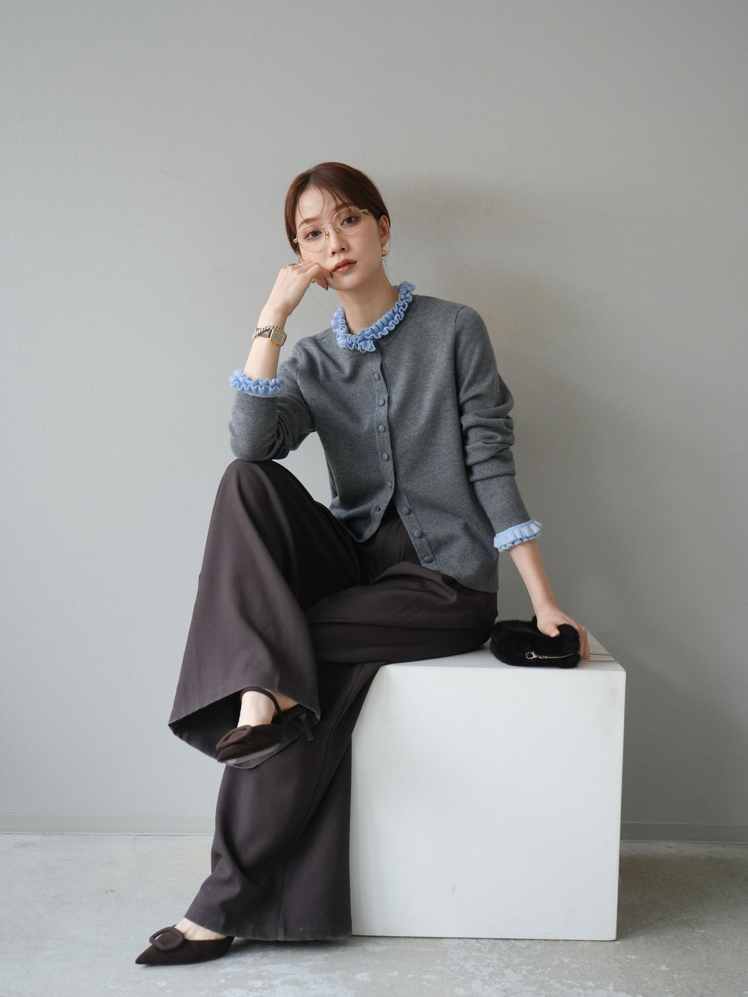 [予約]フリルデザインコンパクトニットカーディガン/グレー