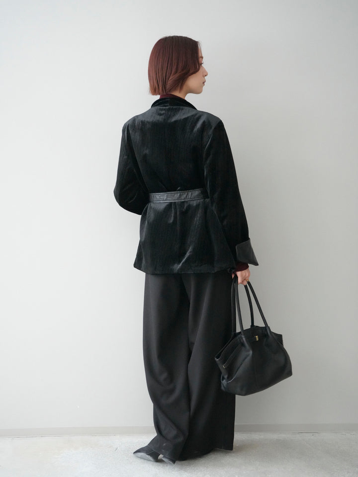 【套裝】絲絨禮服外套+小領墊肩磨毛上衣+腰帶環設計闊腿褲（三件套）