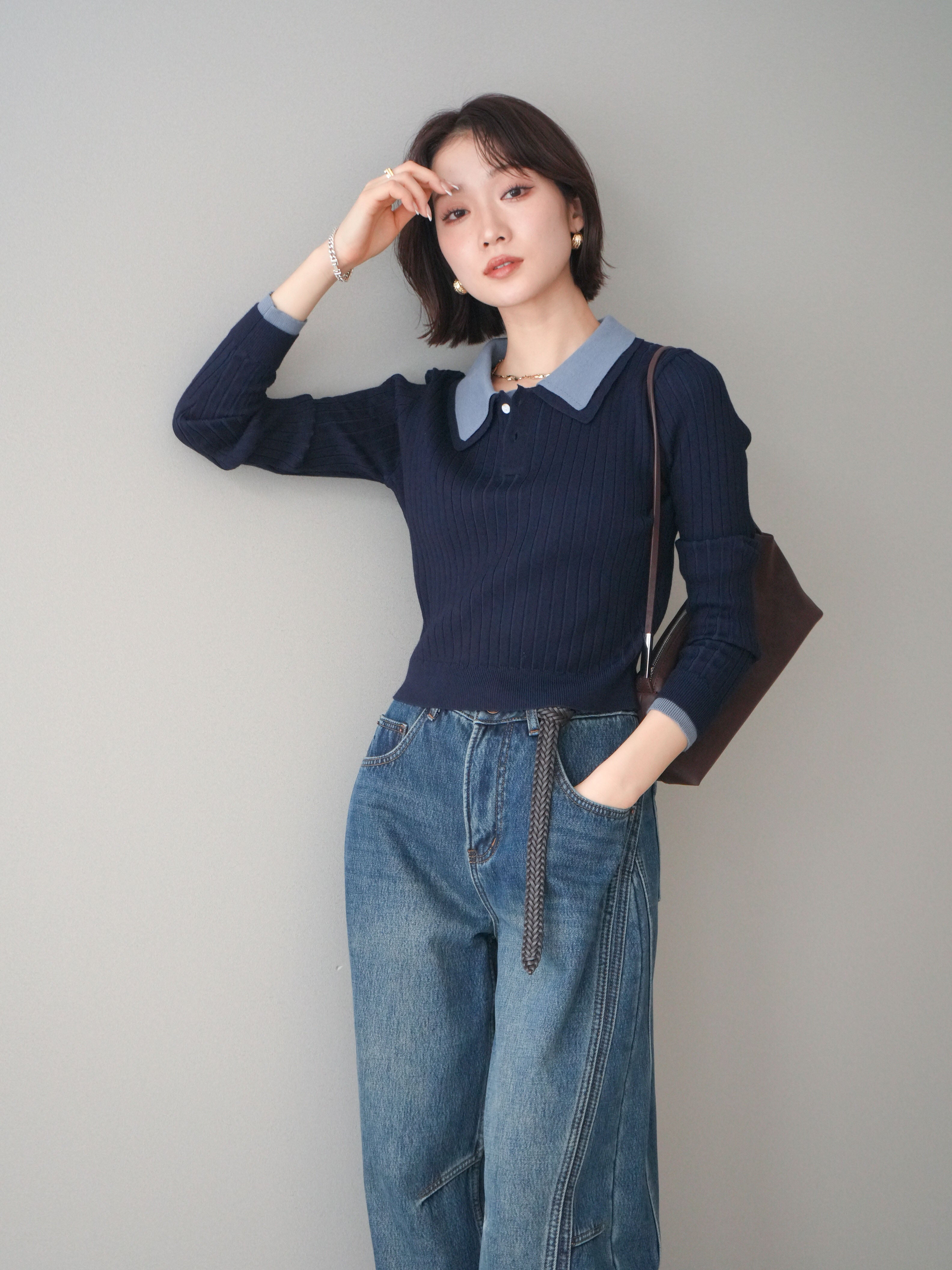 予約]ダブル襟ポロリブニットトップス/navy – Lumier
