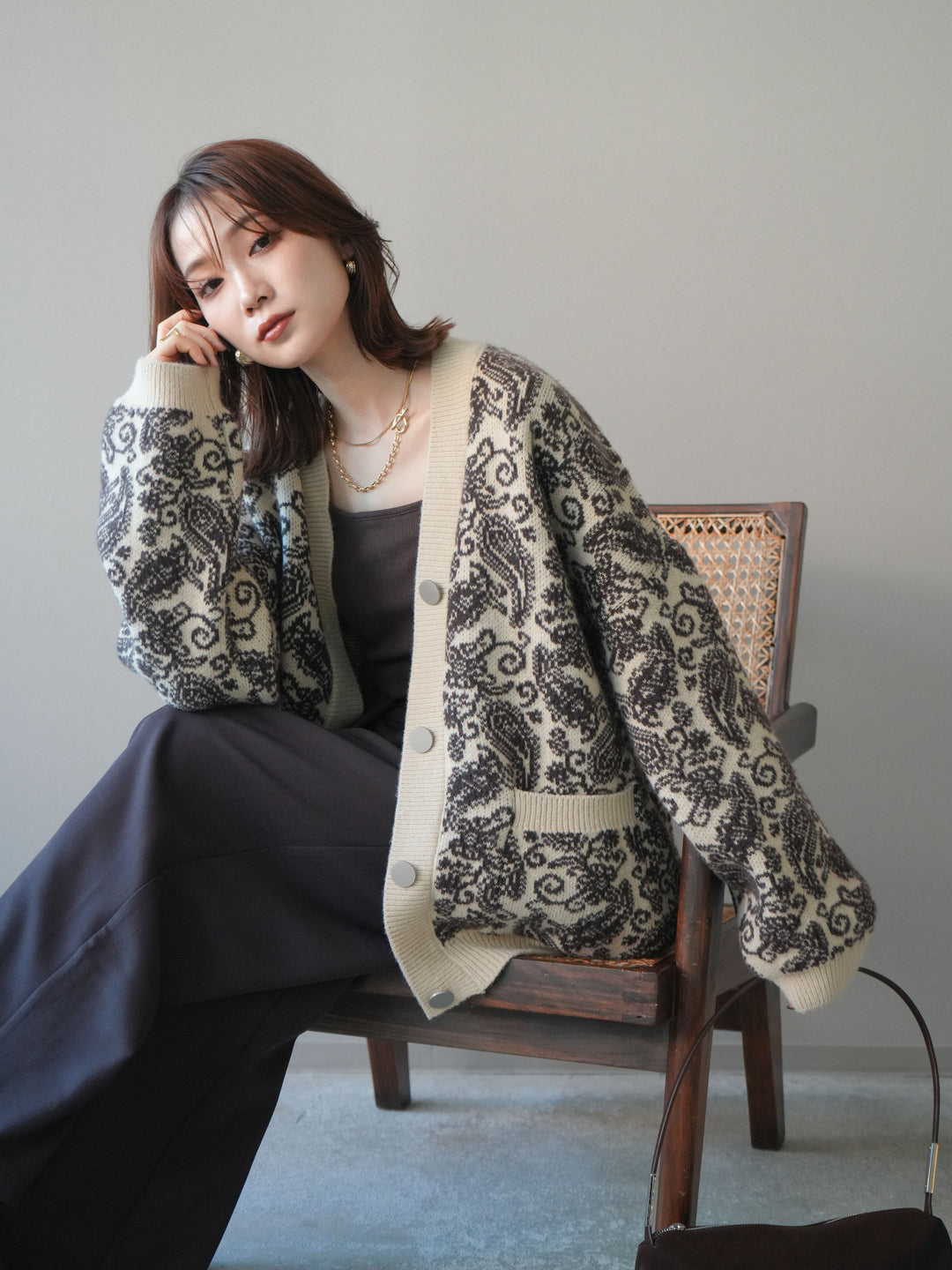 [予約]ペイズリー柄ニットカーディガン/brown