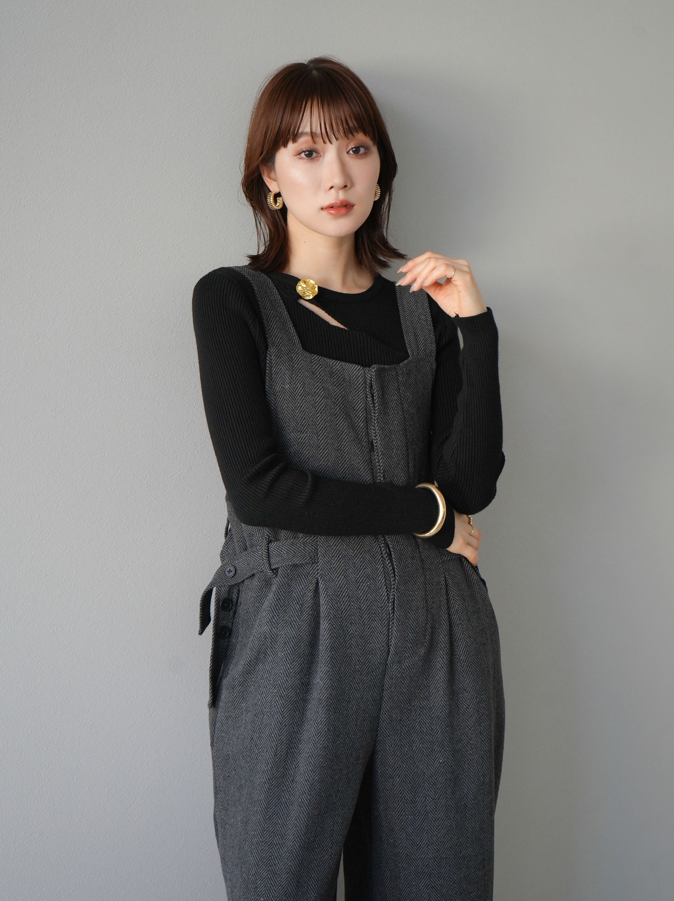 SET]ゴールドモチーフデザインリブトップス+ヘリンボーンデザイン