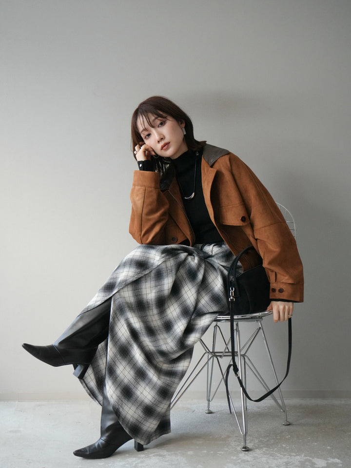 [予約]デザインポケットレザー襟スウェードジャケット/キャメル