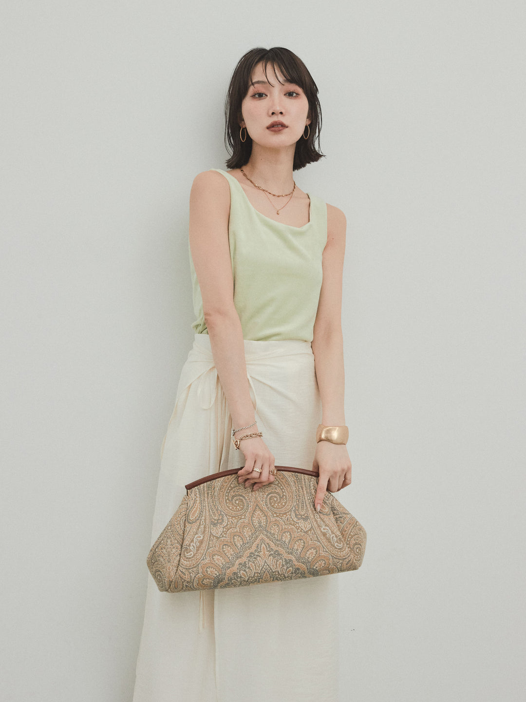 [SET]スクエアベロアタンクトップ+ワッシャーサテンレイヤードスカートパンツ(2set)