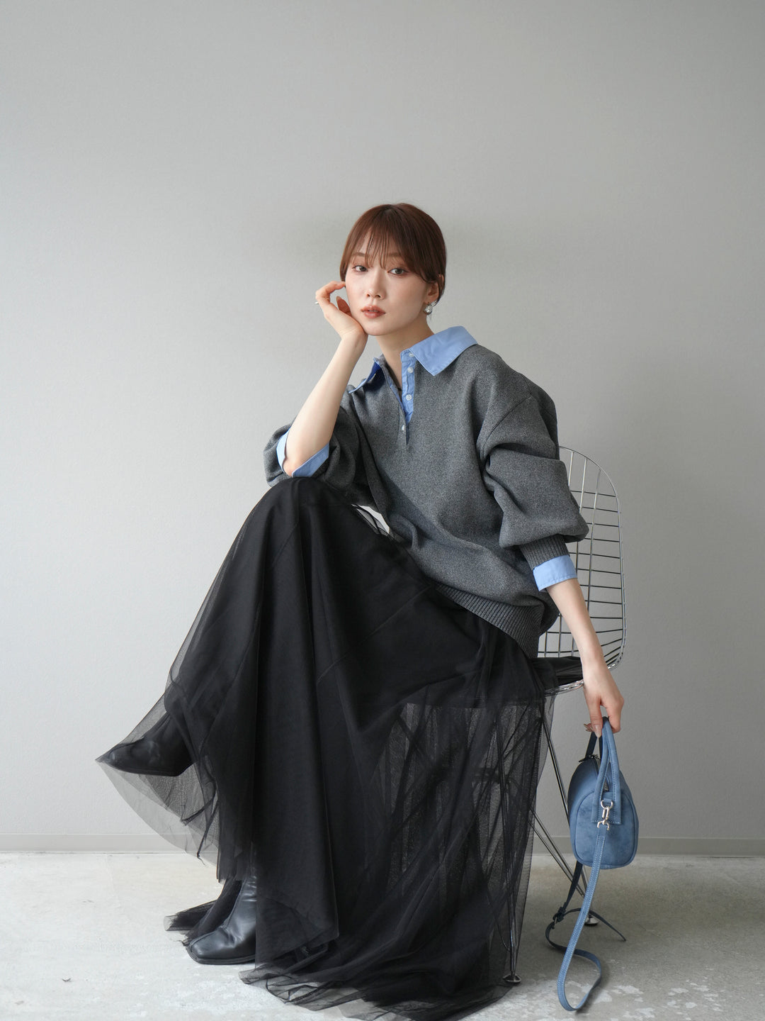 [予約]襟付きポロニットプルオーバー/チャコール