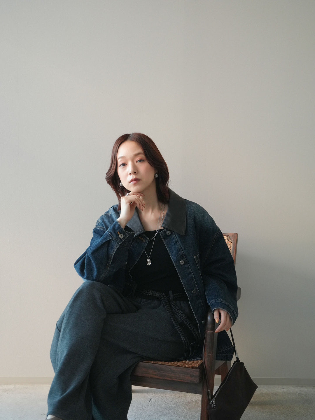 [SET]裏地ファーデニムフライトジャケット+編み込みベルト付きウエスト配色スエットパンツ(2set)