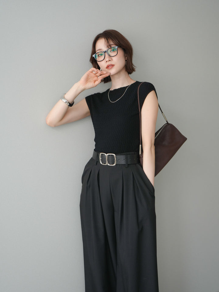 [予約]サイドシャーリングボトルネックノースリーブニットプルオーバー/black