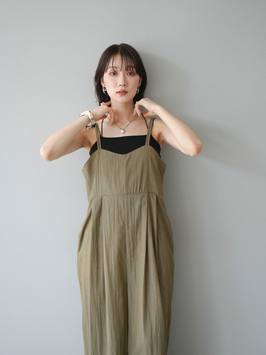 [SET]リネンライクビスチェデザインサロペット+ダブルストラップカットリブブラキャミソール(2set)