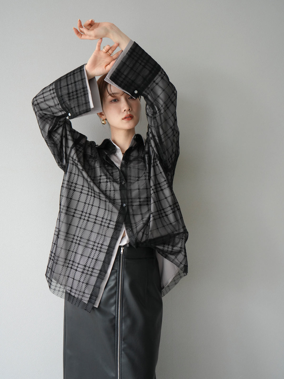 [予約]チェック柄チュールシャツアンサンブル/ブラック