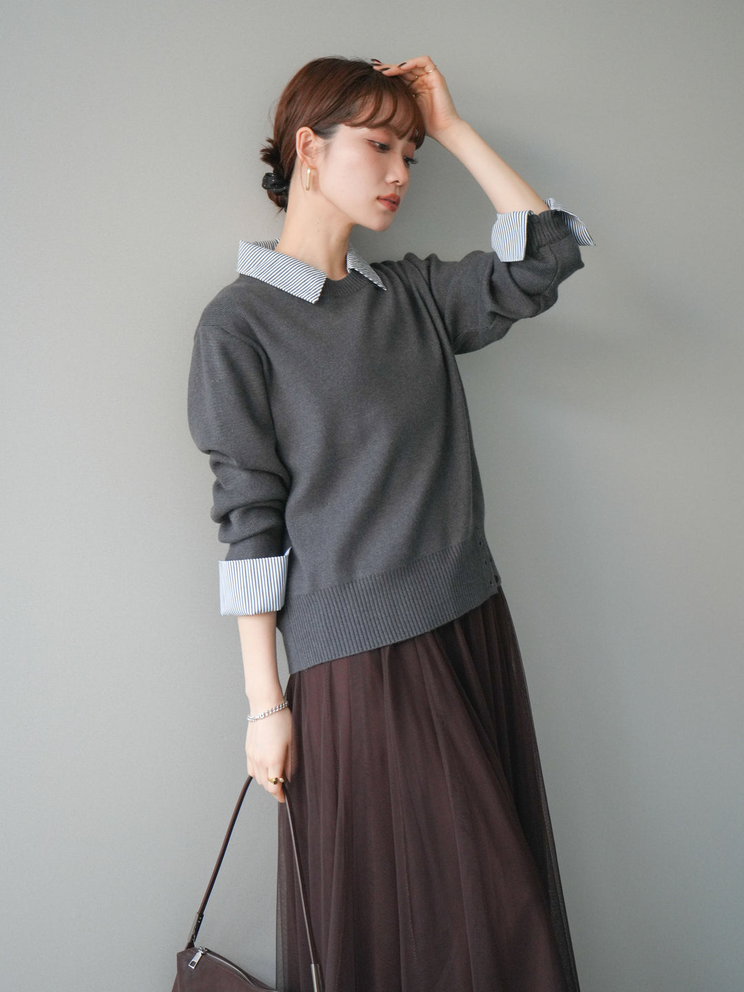 [予約]シャツドッキングデザイン裾ボタンニットプルオーバー/gray