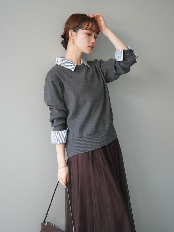 [予約]シャツドッキングデザイン裾ボタンニットプルオーバー/gray