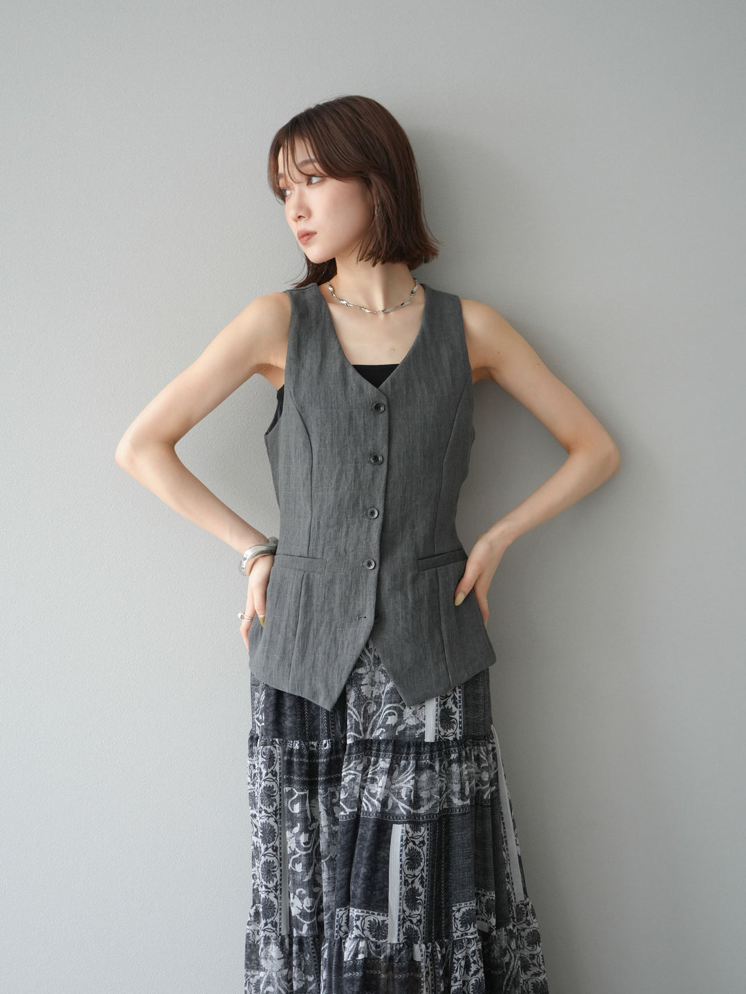 [SET]リネンタッチバックオープンベスト＆ニュアンス柄マキシスカートSET UP(2set)