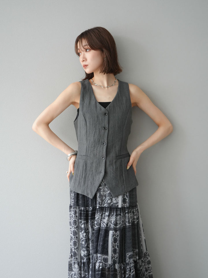 [SET]リネンタッチバックオープンベスト＆ニュアンス柄マキシスカートSET UP(2set)