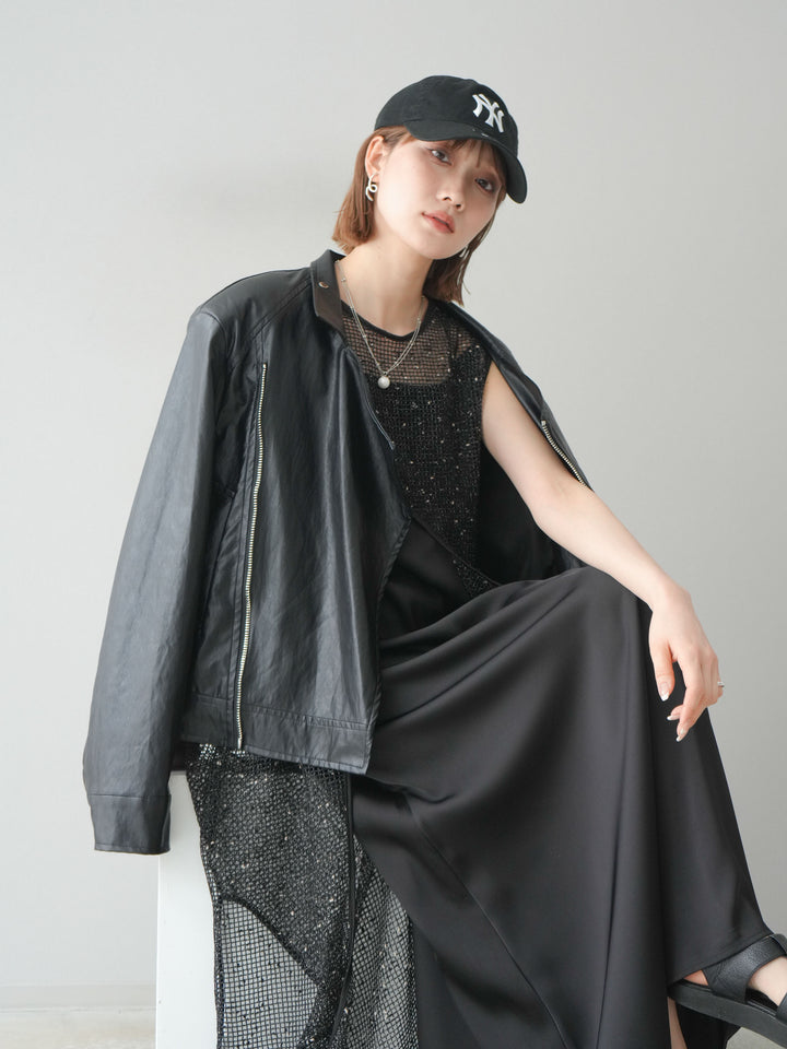 【預購】前開衩網紗連身裙/黑色