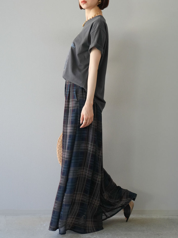 [SET] 薄紗層疊印花T卹 + 透視格紋寬鬆褲 (2件套)