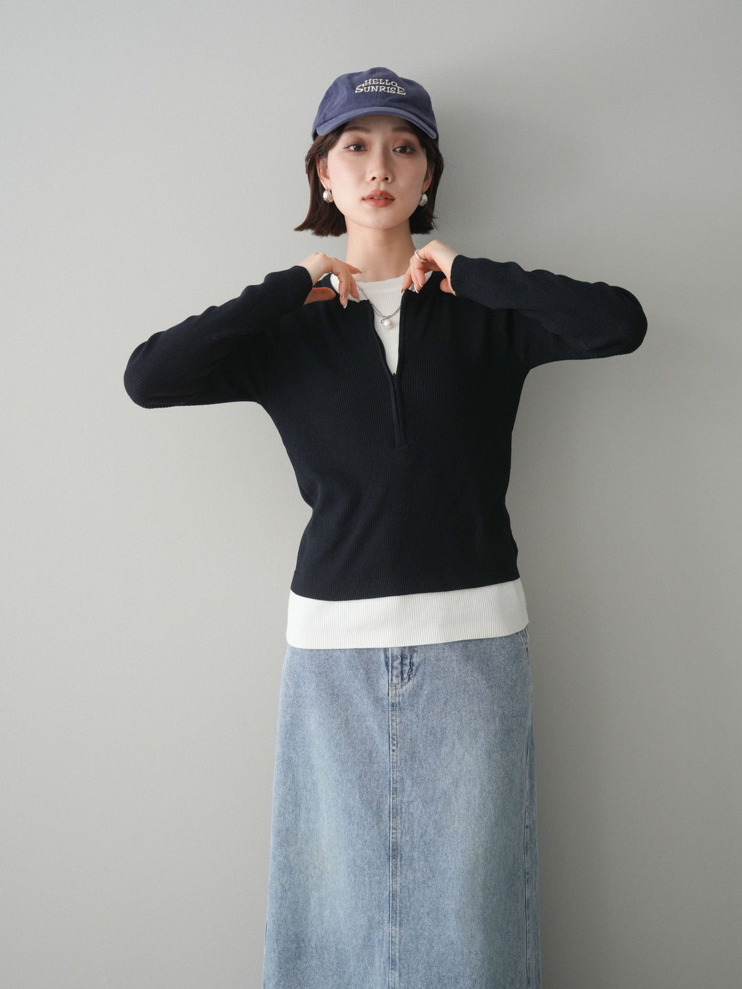 [予約]フロントジップ配色レイヤードニットトップス/navy