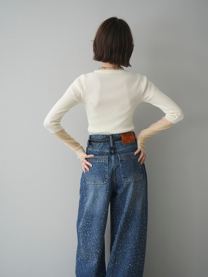 [SET]リブラメシアー切替リブニットトップス+ラインストーンカーブデニムパンツ(2set)