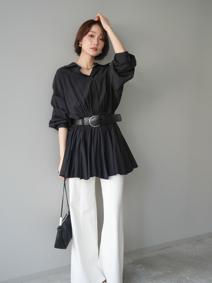 [予約]ベルト付フレアシャツミニワンピース/black
