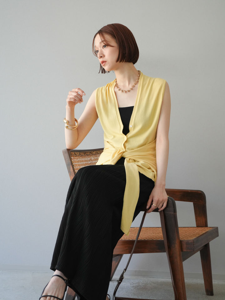 [SET]腰巻きデザインノースリーブニットカーディガン+ウェーブパイピングタイトスカート(2set)