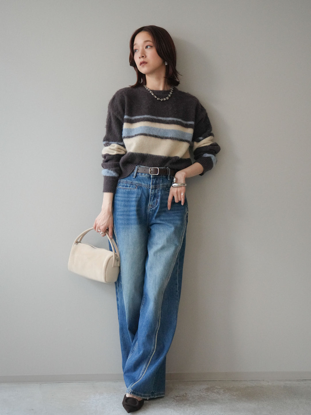 [SET]ソフトタッチボーダークロップドニットプルオーバー+サイドフリンジワイドデニムパンツ(2set)